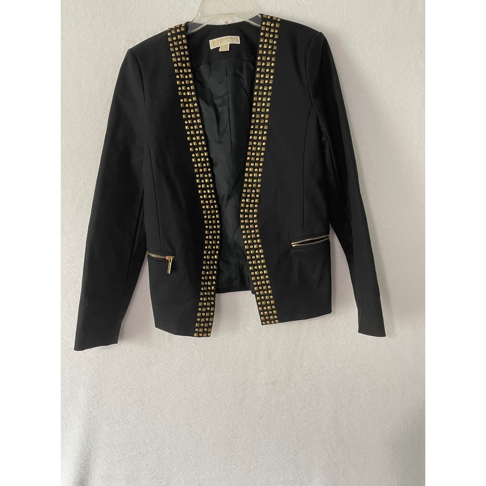 Michael Kors Womens Black Gold Studded Open Front Blazer Jacket Size 6